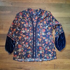 Johnny Was Workshop Velvet Mix Paris Effortless Floral Blouse Sz XS
